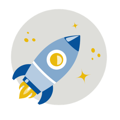 Digitale Grafik. Rakete, die umgeben von Sternen und Planeten nach rechts oben fliegt.