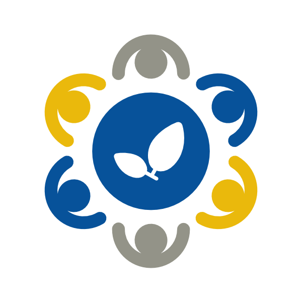 Logo Service Learning: Schematische Darstellung von sechs Menschen von oben, die um einen Kreis verteilt sind, im Kreis zwei Blätter, alles in den Farben Uni-Blau, Uni-Gelb und Uni-Grau